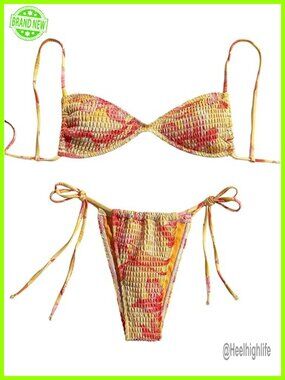 Triangle Bikini Set Textured Smocked String Swimsuit Two Piece Bathing Suit
